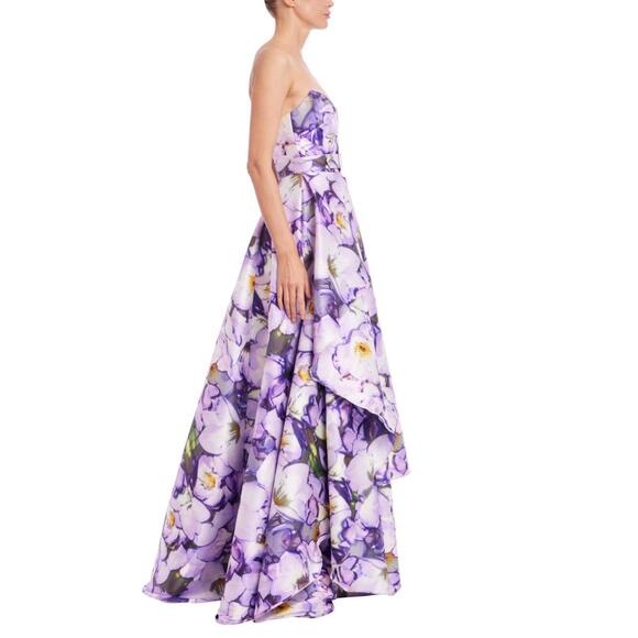 $950 Badgley Mischka  Strapless Belted A-Line Gown LILAC MULTI FLORAL  sz 14 - Picture 2 of 3